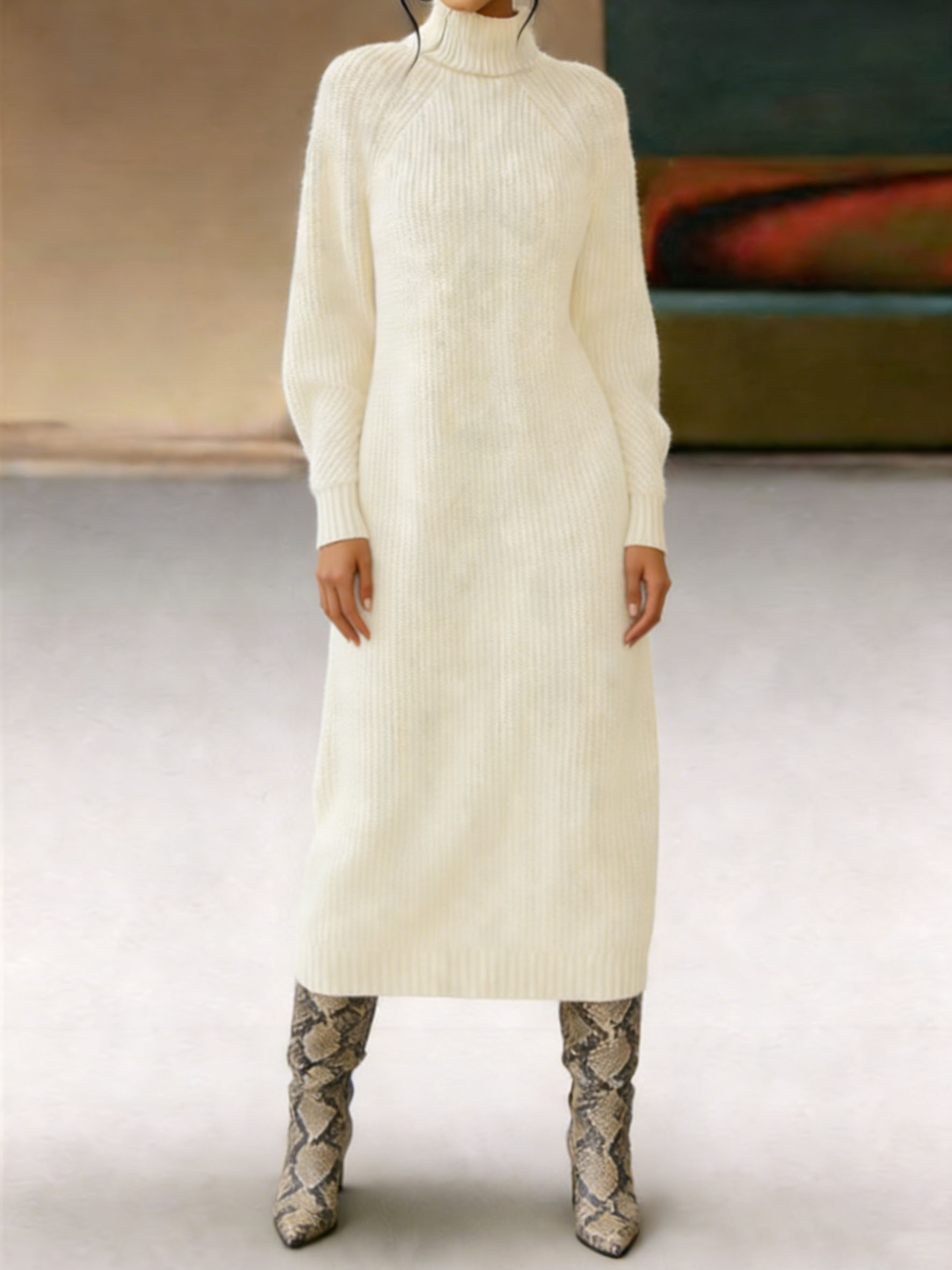 Women's Turtleneck Ribbed Knit Maxi Dress - Long Sleeve Slim-Fit Warm Knit Dress for Fall/Winter, Casual Party Daily Wear (Multiple Colors)