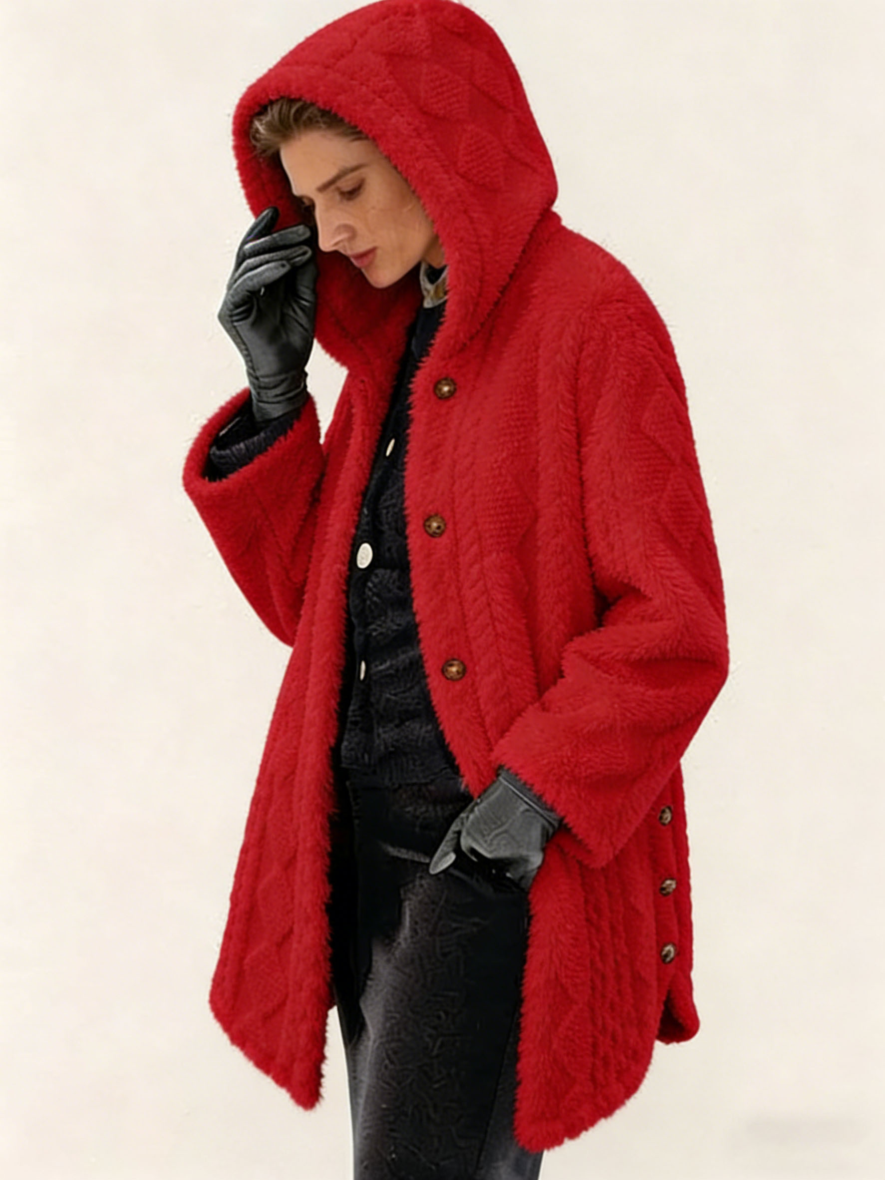 Women's Polyester Faux Fur Hooded Coat - Quilted Warm Winter Jacket, Casual Elegant Outerwear with Metal Buttons (Multiple Colors)