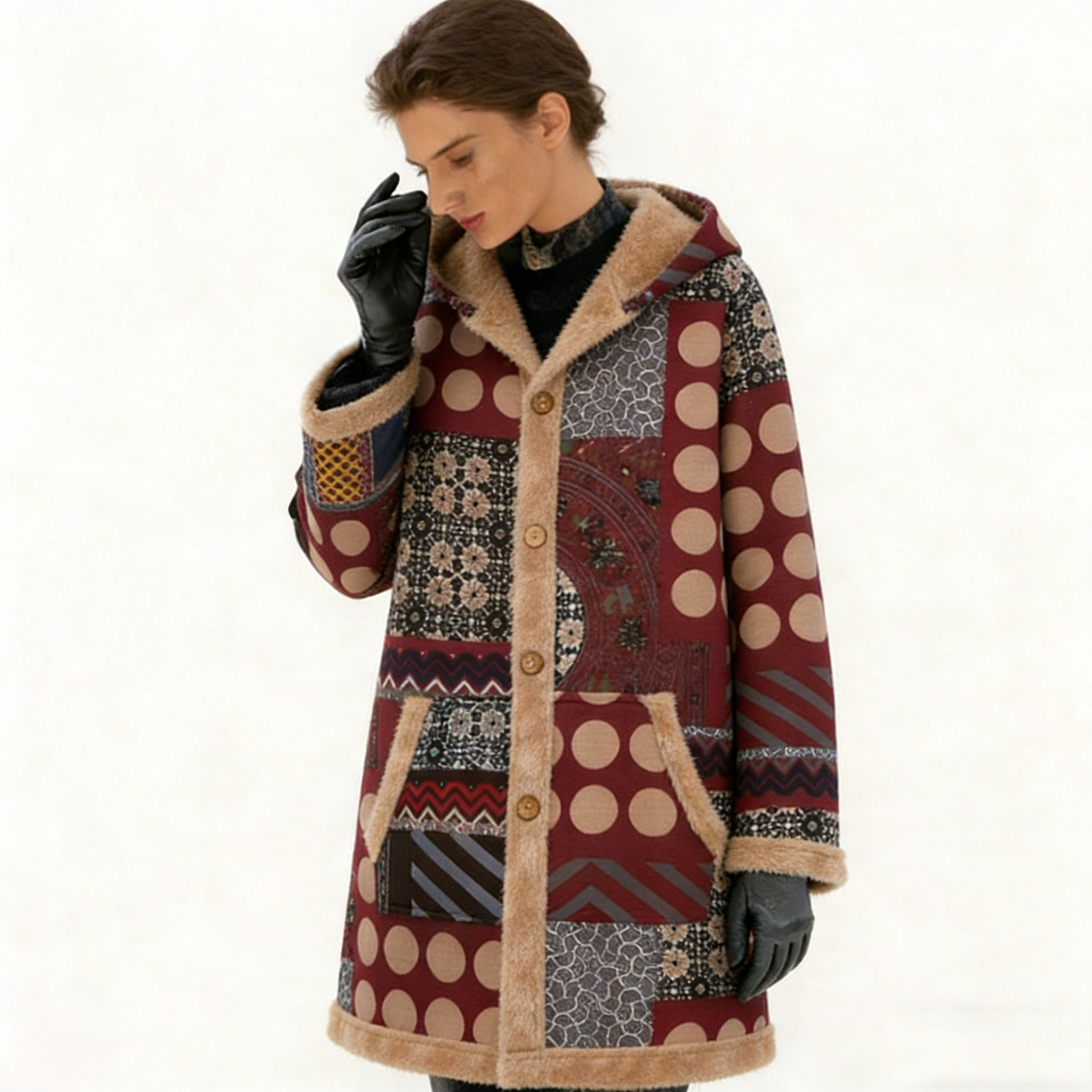 Women's Fleece-Lined Vintage Patchwork Hooded Coat - Warm Casual Outerwear for Fall & Winter
