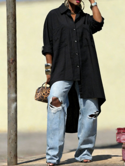 Women's Linen-Cotton Oversized Tunic Shirt - Loose Fit Long Sleeve Button-Down Blouse (Multi-Color Options)