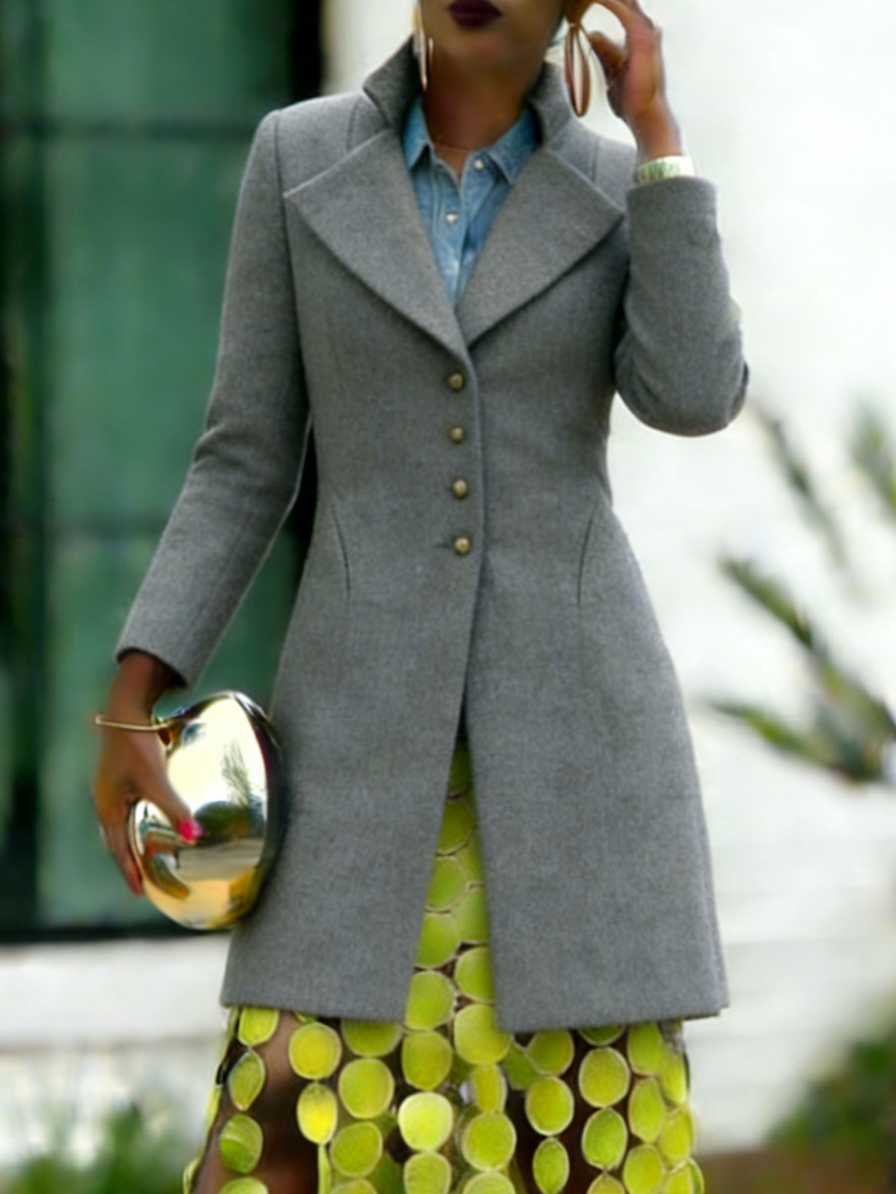 Women's Mustard Coat, Elegant Lapel Single-Breasted Mid-Length Overcoa