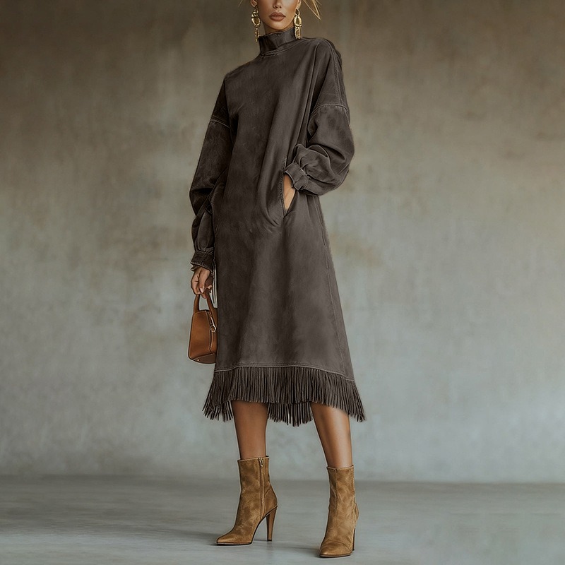 High-neck Suede Retro Loose-fitting Pocket Tassel Long-sleeved Dress