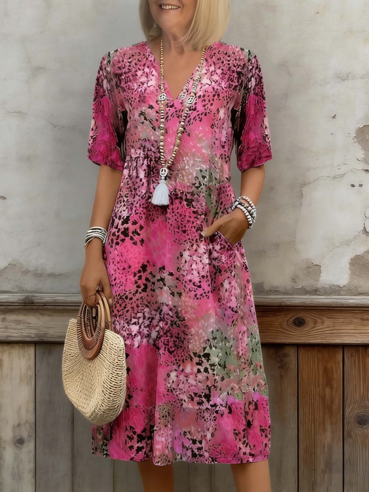 Women's V-Neck Half Sleeve Midi Dress - Lightweight Floral/Animal Print Casual Dress with Side Pockets for Vacation & Daily Wear