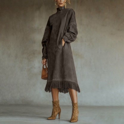 High-neck Suede Retro Loose-fitting Pocket Tassel Long-sleeved Dress