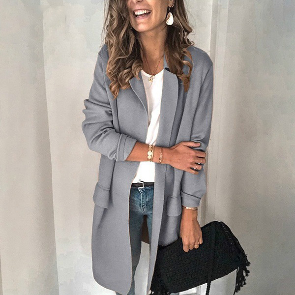Solid Color Long Sleeve Fake Pocket Design Casual Blazer