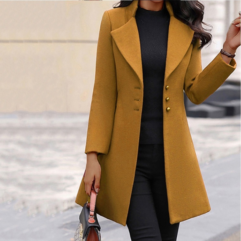 Women's Mustard Coat, Elegant Lapel Single-Breasted Mid-Length Overcoat, Vintage European Street Style, Slim-Fit Dressy Outerwear with Button Detail, Flattering Silhouette for FalWinter Fal & shion