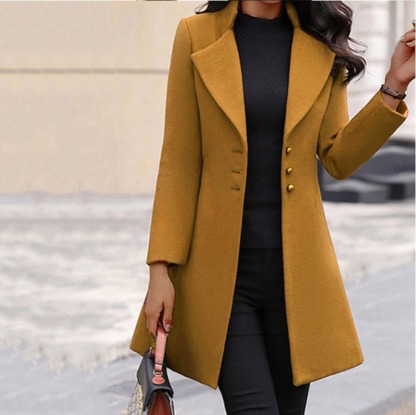 Women's Mustard Coat, Elegant Lapel Single-Breasted Mid-Length Overcoat, Vintage European Street Style, Slim-Fit Dressy Outerwear with Button Detail, Flattering Silhouette for FalWinter Fal & shion