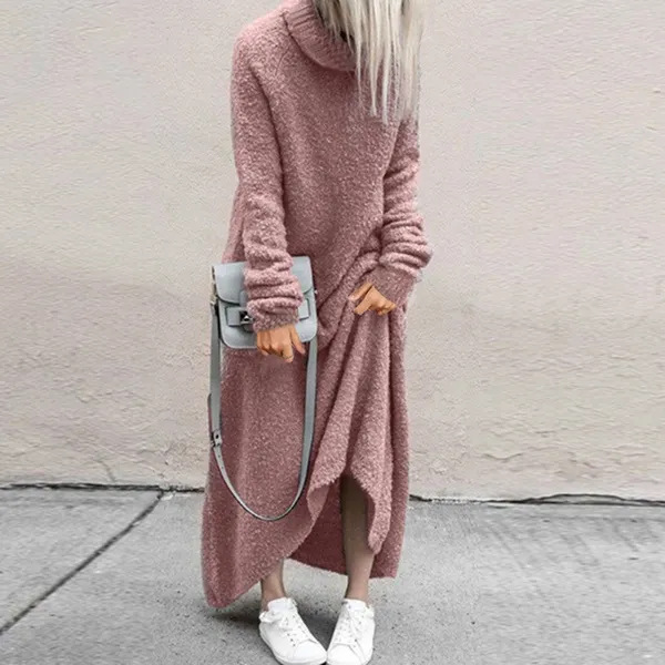 Plush Casual Solid Color Turtleneck Dress