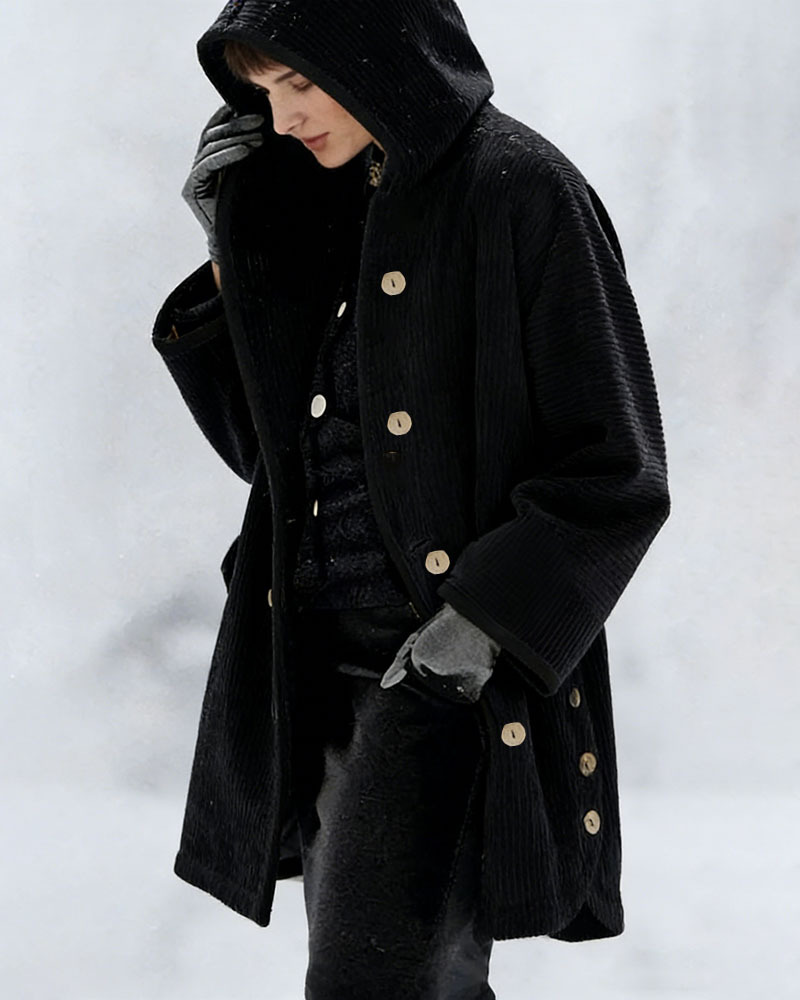 Women's Autumn Winter Short Sleeve Hooded Loose Corduroy Coat - Casual Versatile (Burgundy/Black/White/Green/Light Brown/Gray/Navy Blue)