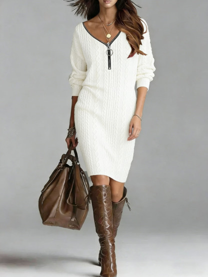Women's Cable Knit Sweater Dress - V Neck Half Zip Oversized Tunic Dress