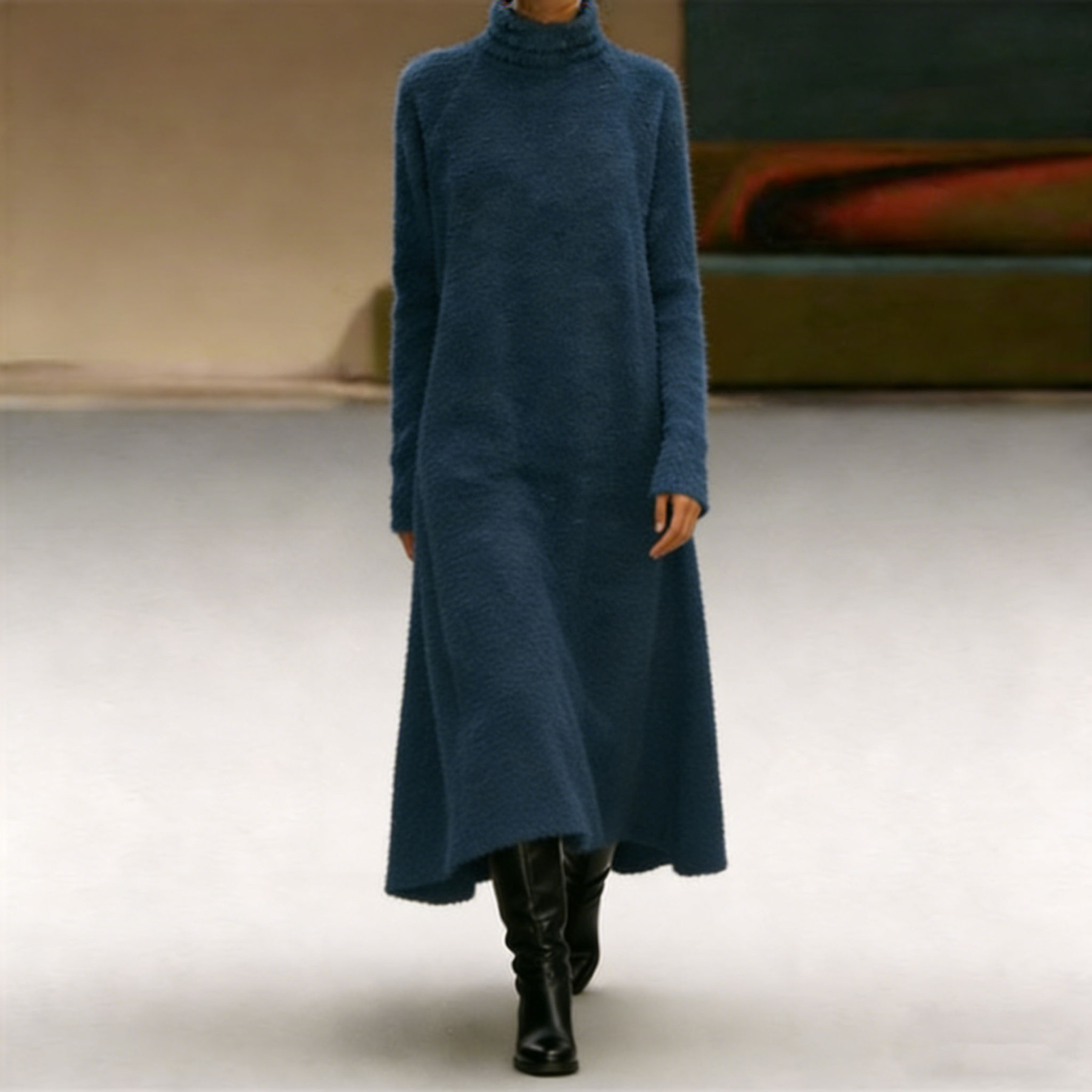 Plush Casual Solid Color Turtleneck Dress