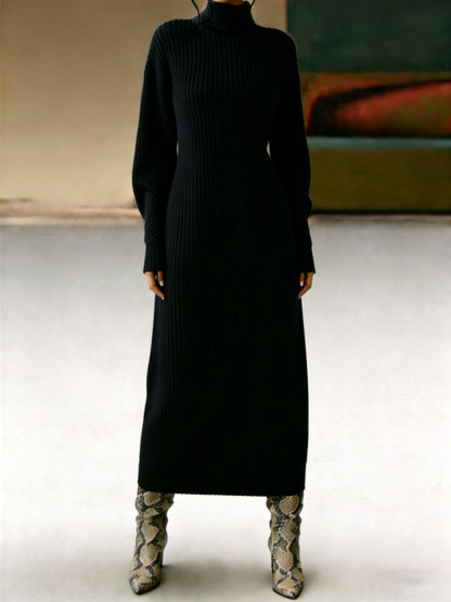 Women's Turtleneck Ribbed Knit Maxi Dress - Long Sleeve Slim-Fit Warm Knit Dress for Fall/Winter, Casual Party Daily Wear (Multiple Colors)