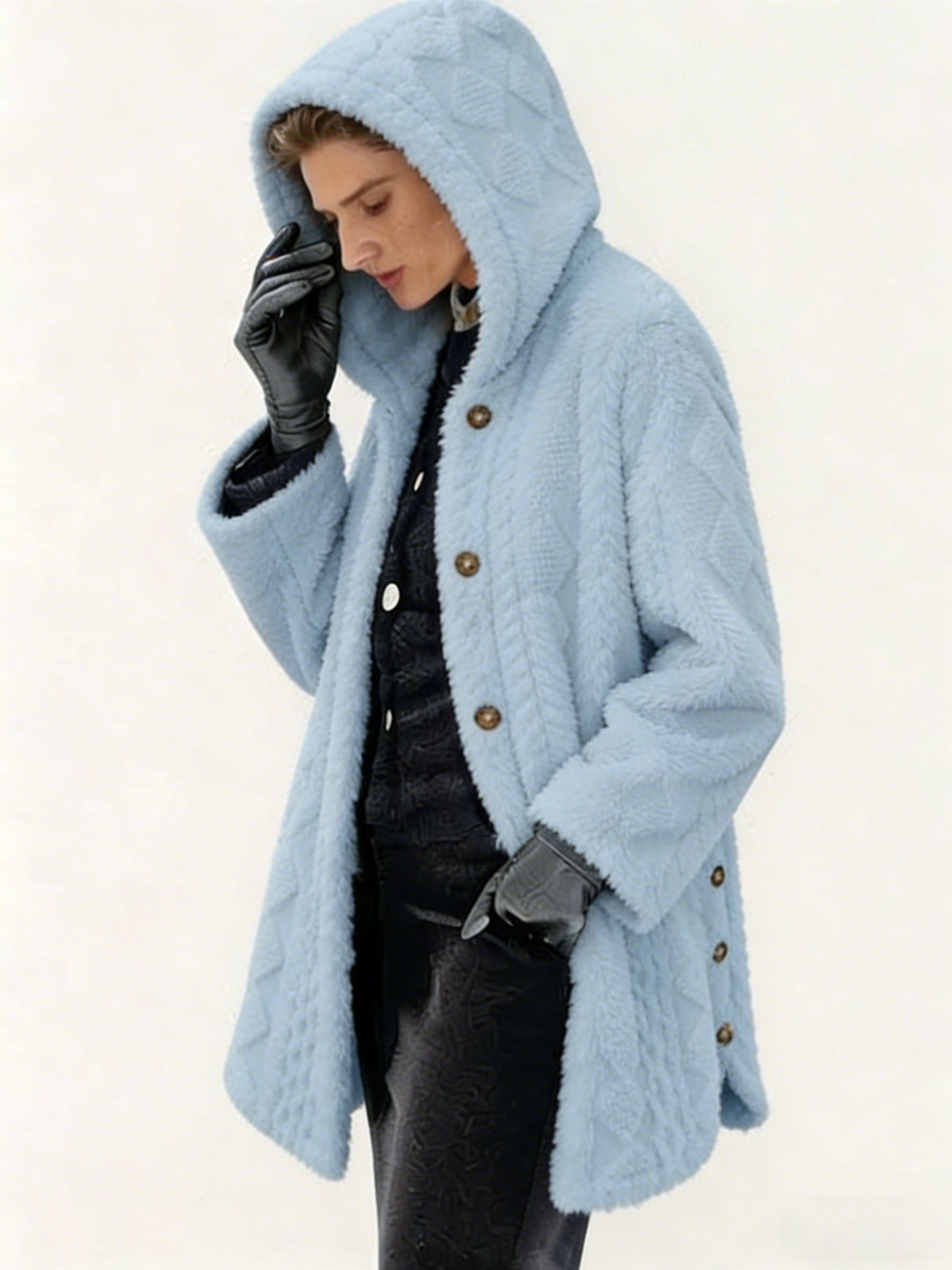 Women's Polyester Faux Fur Hooded Coat - Quilted Warm Winter Jacket, Casual Elegant Outerwear with Metal Buttons (Multiple Colors)