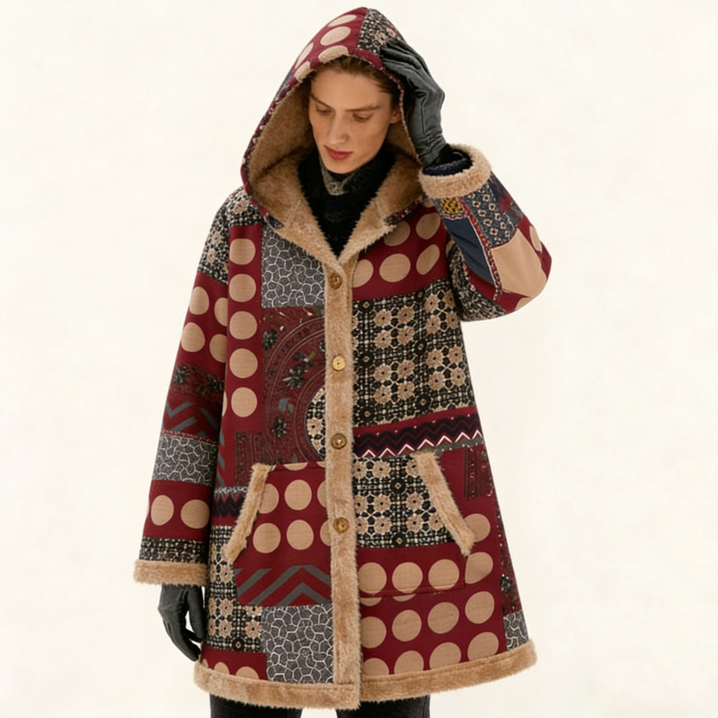 Women's Fleece-Lined Vintage Patchwork Hooded Coat - Warm Casual Outerwear for Fall & Winter
