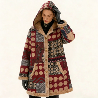 Women's Fleece-Lined Vintage Patchwork Hooded Coat - Warm Casual Outerwear for Fall & Winter