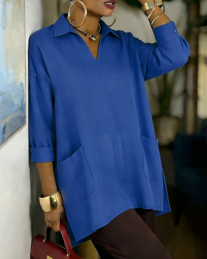 Women's Oversized V-Neck Collared Blouse - Relaxed Fit Longline Shirt with Side Pockets & Slits (7 Colors: Red/Orange/White/Blue/Purple/Light Blue/Navy)