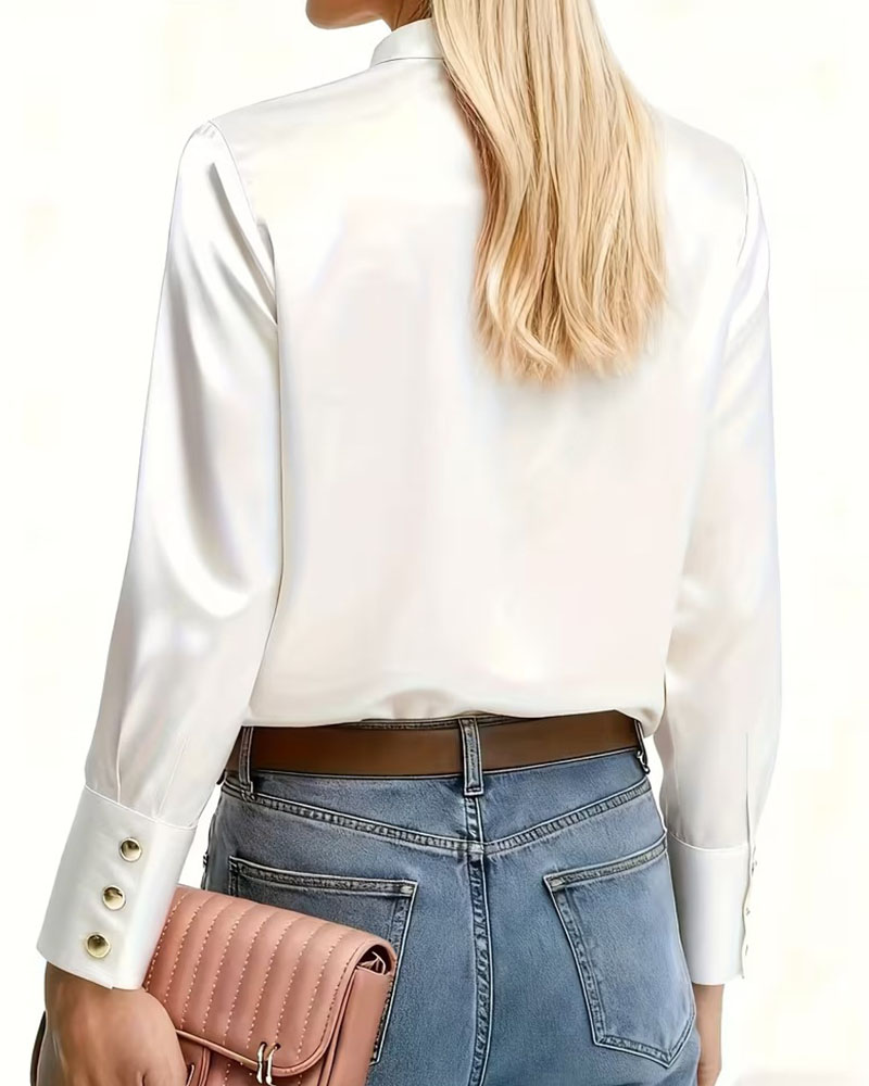 Women's Satin Stand Collar Blouse - Long Sleeve Button-Down Shirt with Metal Accent Buttons (Burgundy/Black/White)