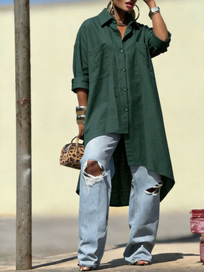 Women's Linen-Cotton Oversized Tunic Shirt - Loose Fit Long Sleeve Button-Down Blouse (Multi-Color Options)