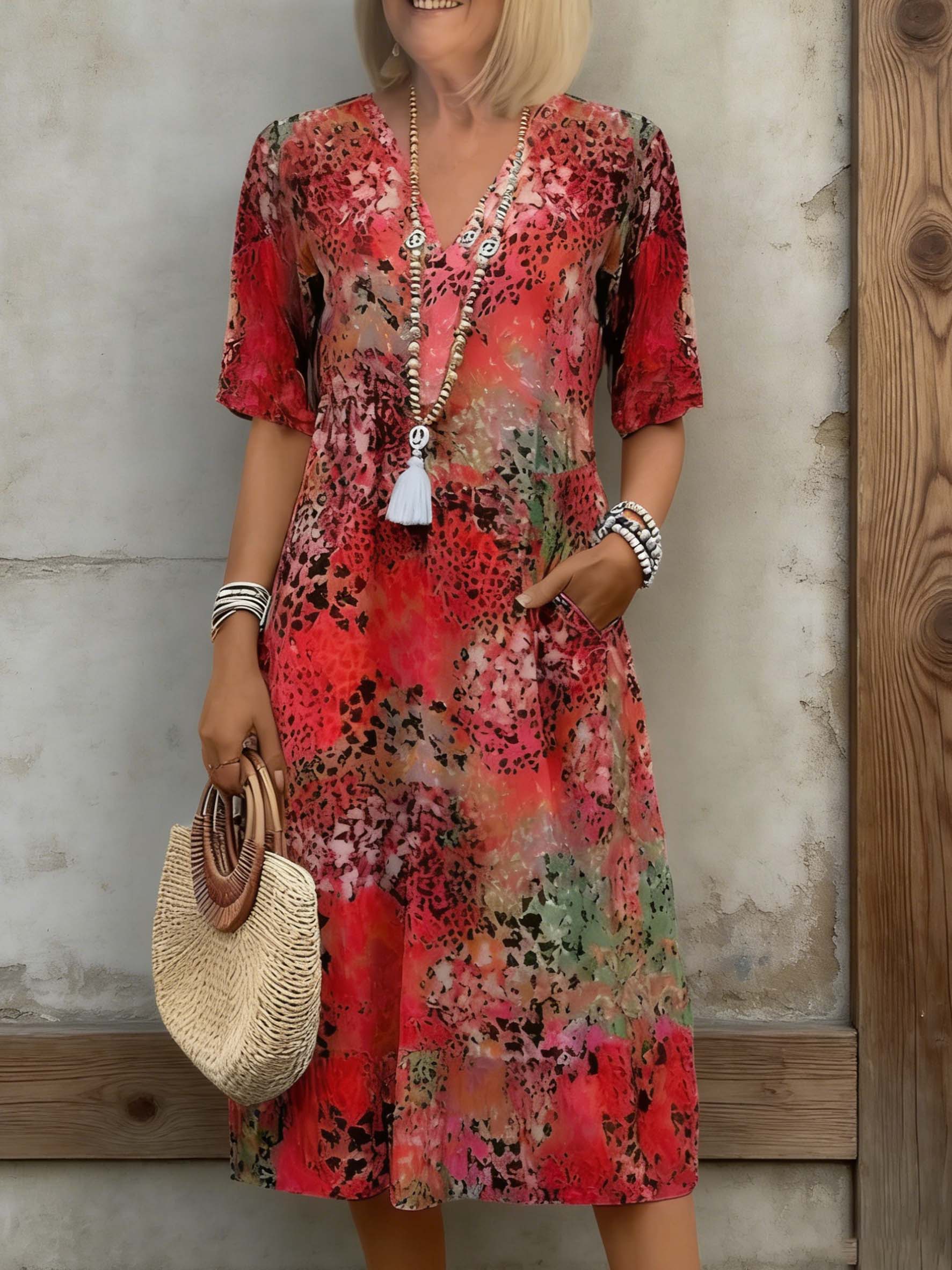 Women's V-Neck Half Sleeve Midi Dress - Lightweight Floral/Animal Print Casual Dress with Side Pockets for Vacation & Daily Wear
