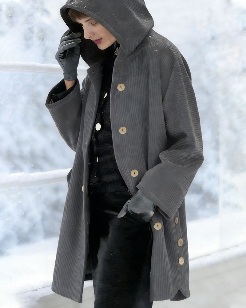 Women's Autumn Winter Short Sleeve Hooded Loose Corduroy Coat - Casual Versatile (Burgundy/Black/White/Green/Light Brown/Gray/Navy Blue)