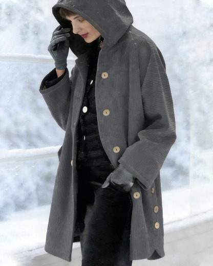 Women's Autumn Winter Short Sleeve Hooded Loose Corduroy Coat - Casual Versatile (Burgundy/Black/White/Green/Light Brown/Gray/Navy Blue)