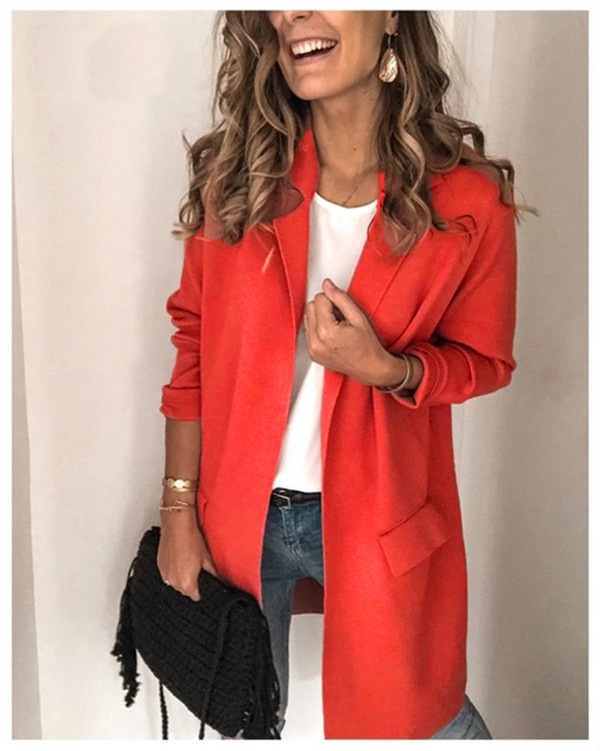 Solid Color Long Sleeve Fake Pocket Design Casual Blazer