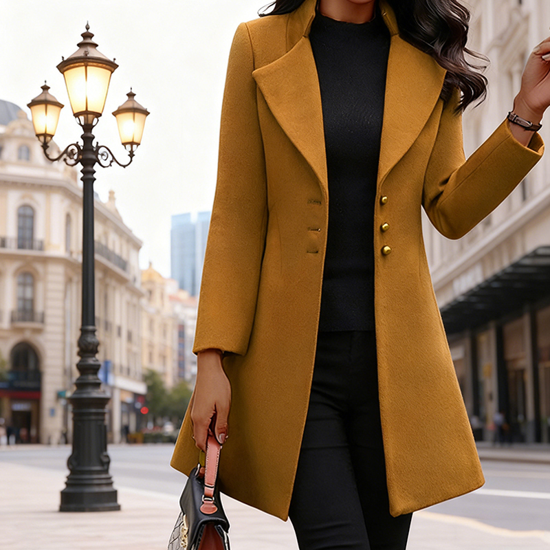 Women's Mustard Coat, Elegant Lapel Single-Breasted Mid-Length Overcoa