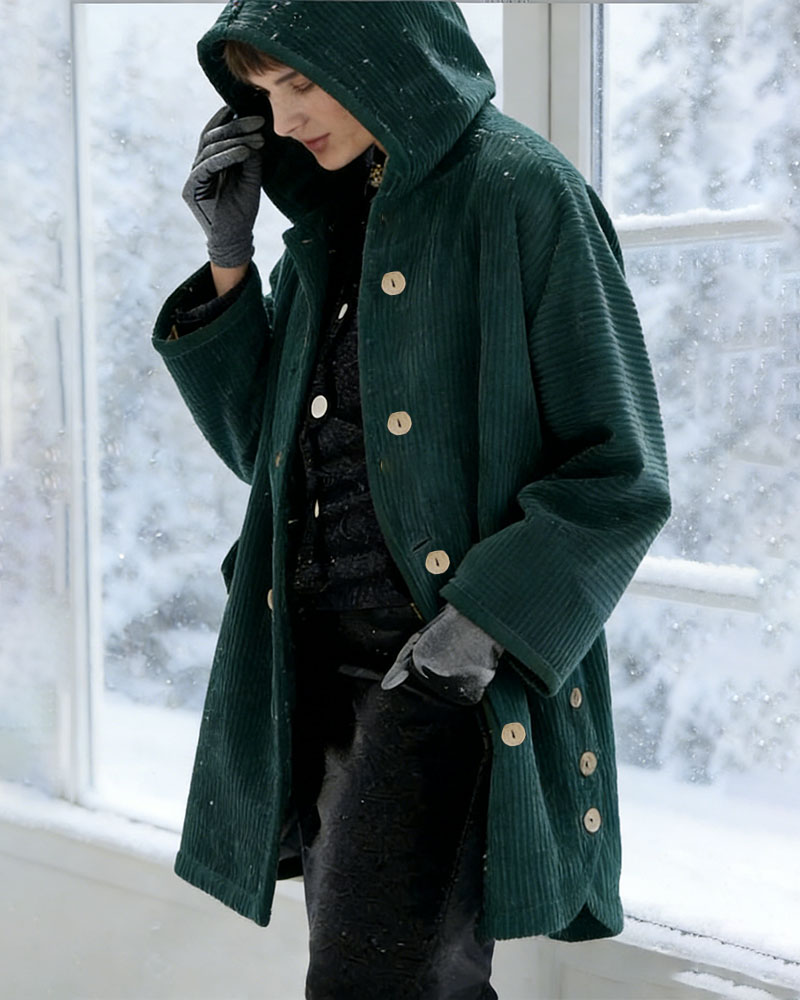 Women's Autumn Winter Short Sleeve Hooded Loose Corduroy Coat - Casual Versatile (Burgundy/Black/White/Green/Light Brown/Gray/Navy Blue)