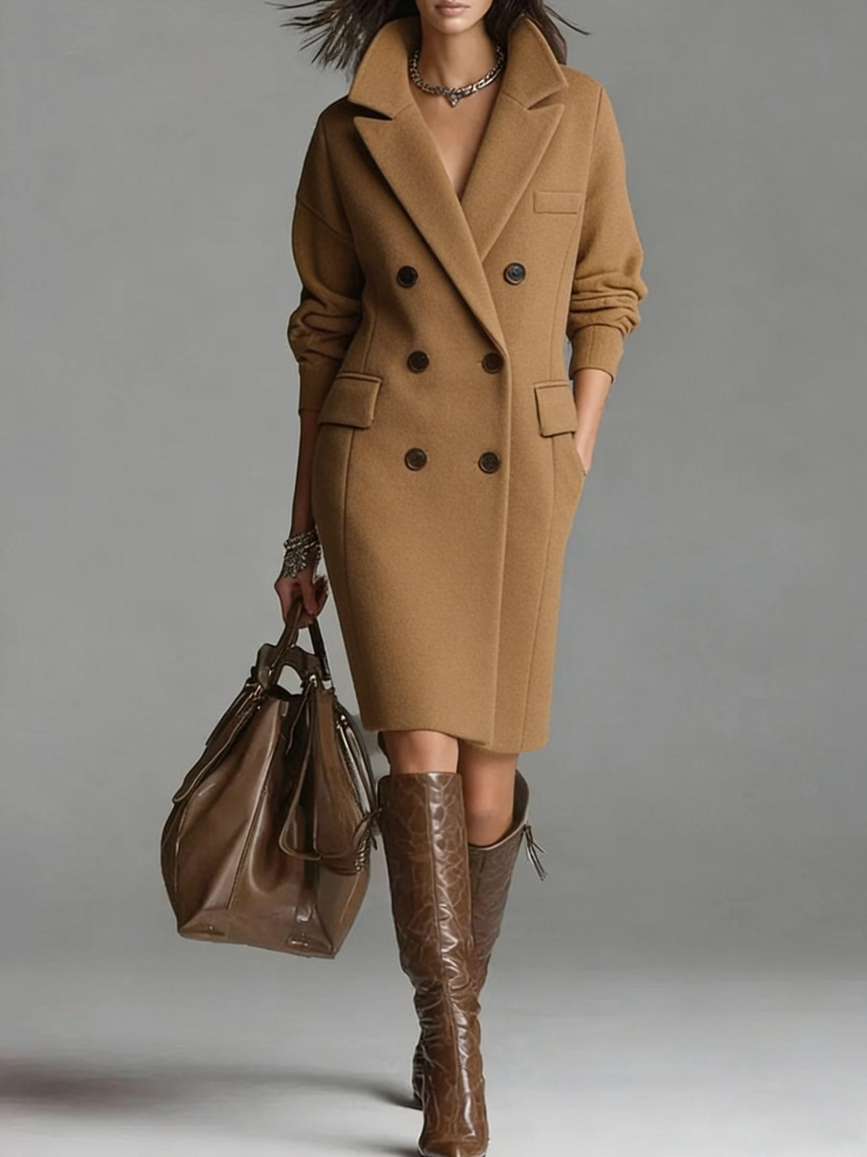 Women's Double Breasted Coat Mid-Length Trench Coat Winter Fashion Outerwear