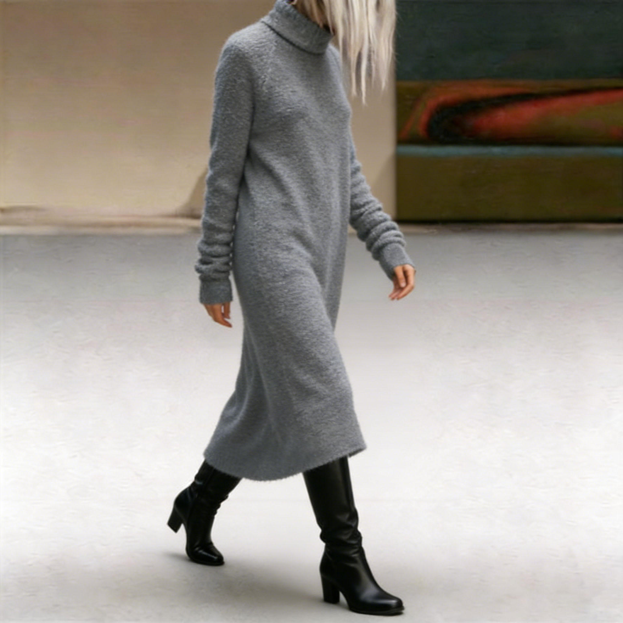 Plush Casual Solid Color Turtleneck Dress