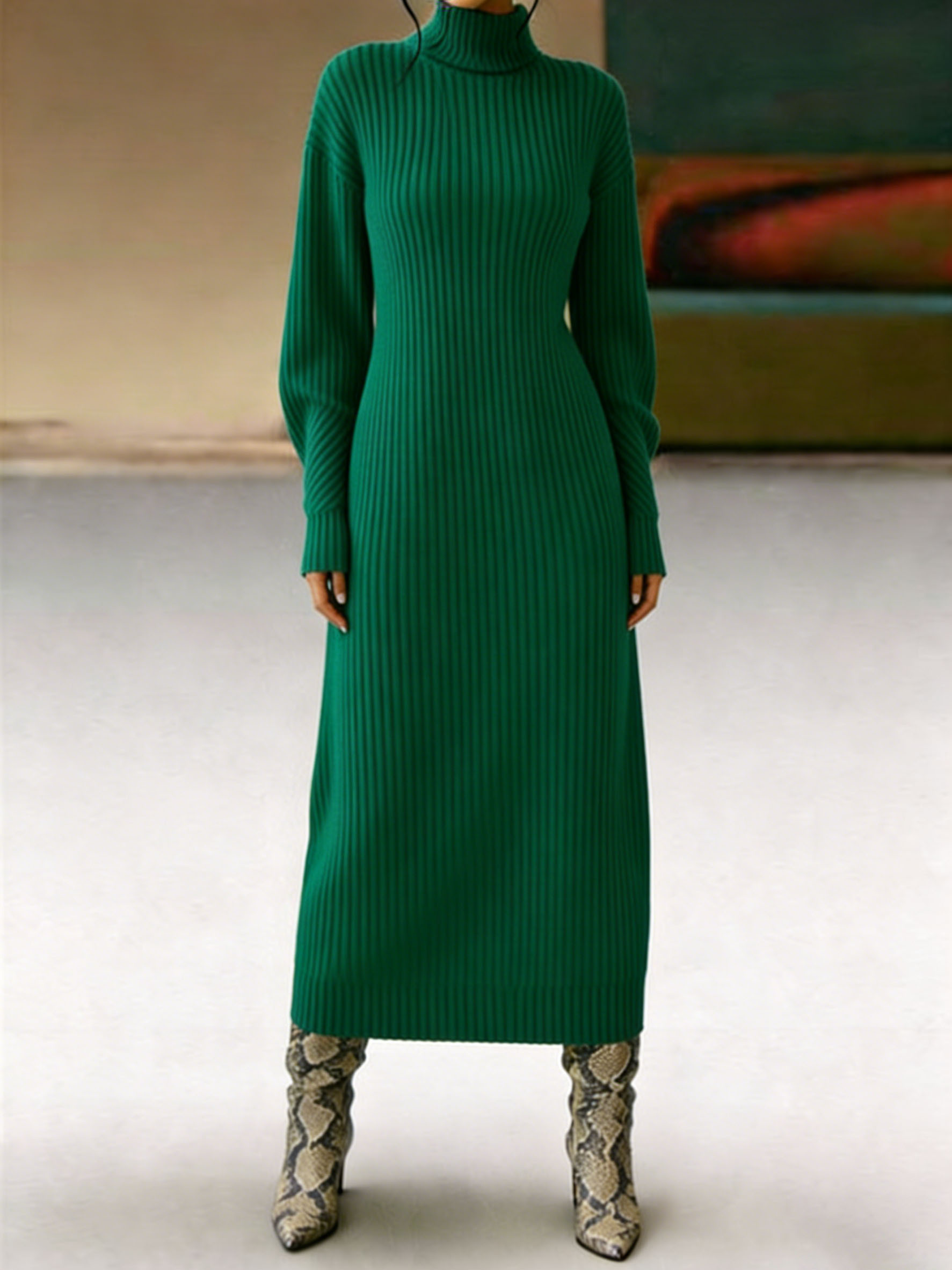 Women's Turtleneck Ribbed Knit Maxi Dress - Long Sleeve Slim-Fit Warm Knit Dress for Fall/Winter, Casual Party Daily Wear (Multiple Colors)