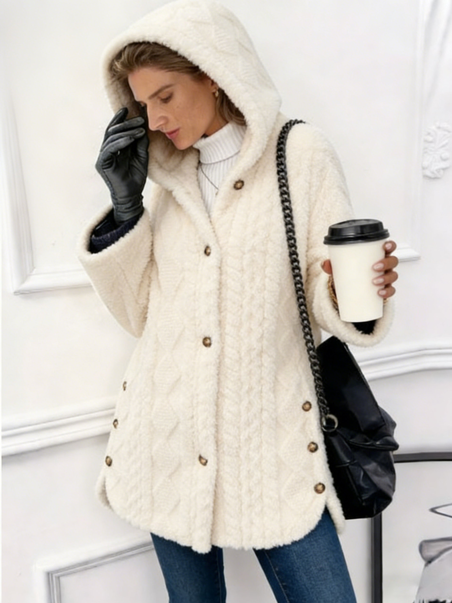 Women's Polyester Faux Fur Hooded Coat - Quilted Warm Winter Jacket, Casual Elegant Outerwear with Metal Buttons (Multiple Colors)