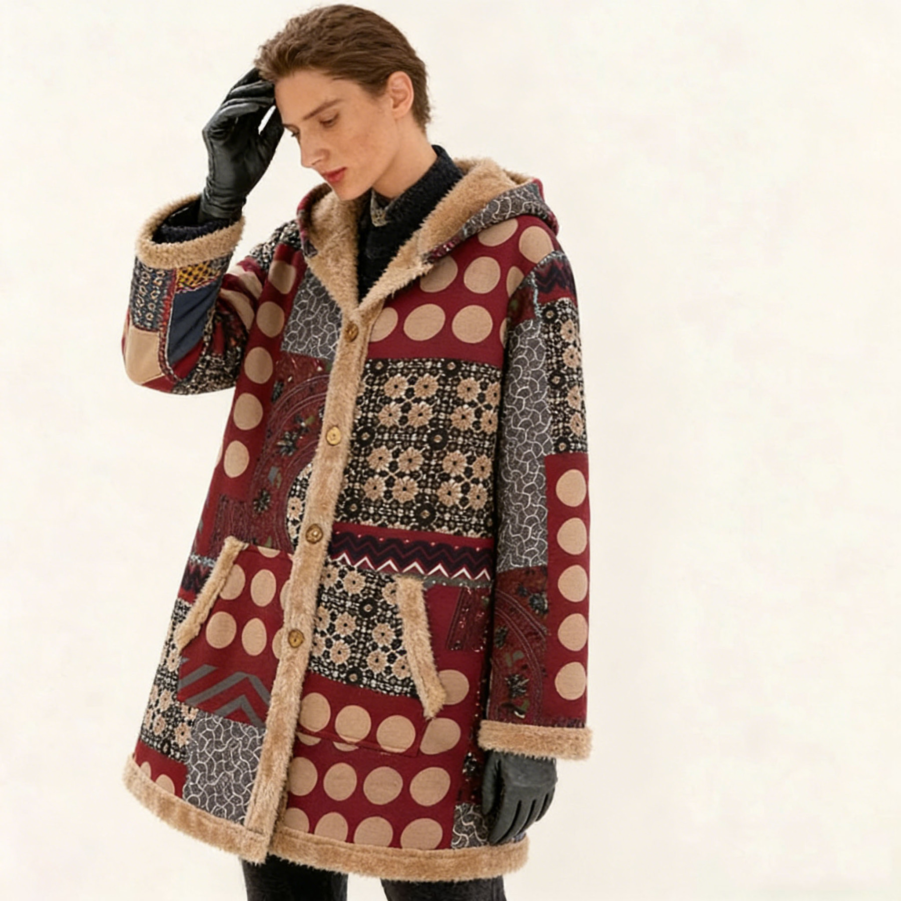 Women's Fleece-Lined Vintage Patchwork Hooded Coat - Warm Casual Outerwear for Fall & Winter