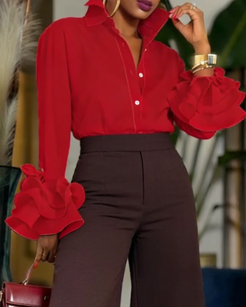 Women's Stand Collar Blouse - Elegant Retro Long Sleeve Shirt with Ruffled Bell Cuffs (Multiple Colors: Black/Red/Green/Pink/Polka Dot White/White)