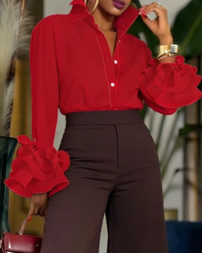 Women's Stand Collar Blouse - Elegant Retro Long Sleeve Shirt with Ruffled Bell Cuffs (Multiple Colors: Black/Red/Green/Pink/Polka Dot White/White)