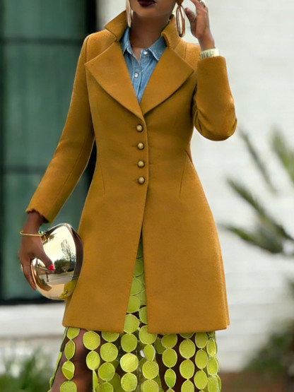 [Copy]Women's Mustard Coat, Elegant Lapel Single-Breasted Mid-Length Overcoat, Vintage European Street Style, Slim-Fit Dressy Outerwear with Button Detail, Flattering Silhouette for FalWinter Fal & shion