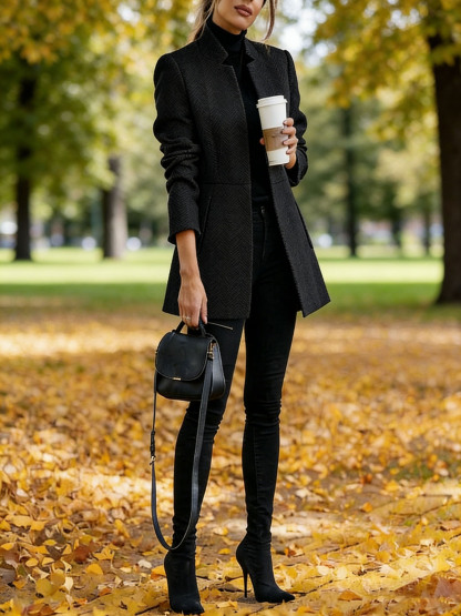 Women Houndstooth Long Sleeve Blazer Warm Office Neck Jacket With Pockets Open Front Cardigans