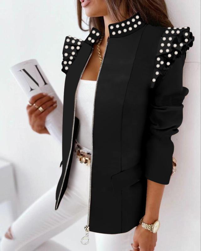Ruffled Long Sleeve Zipper Print Blazer