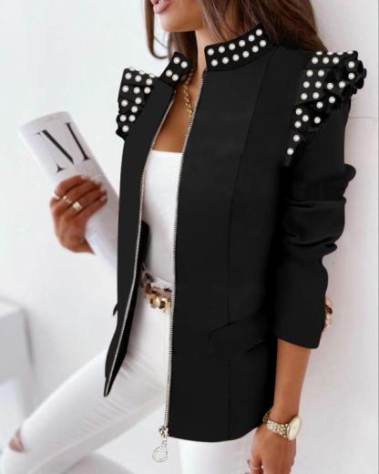 Ruffled Long Sleeve Zipper Print Blazer