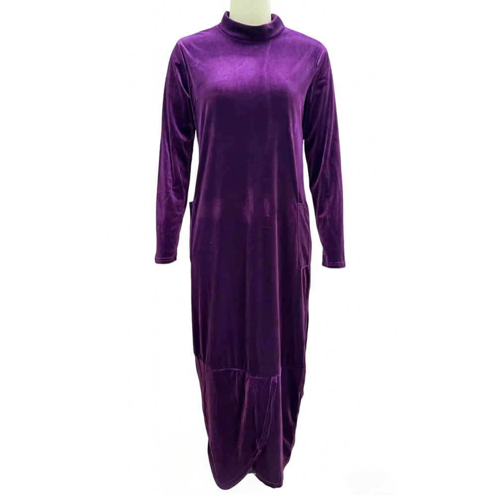 Women's Velvet Turtleneck Long Sleeve Maxi Dress - Soft Loose Fit with Side Pockets Elegant Floor-Length Dress for Casual & Evening Wear