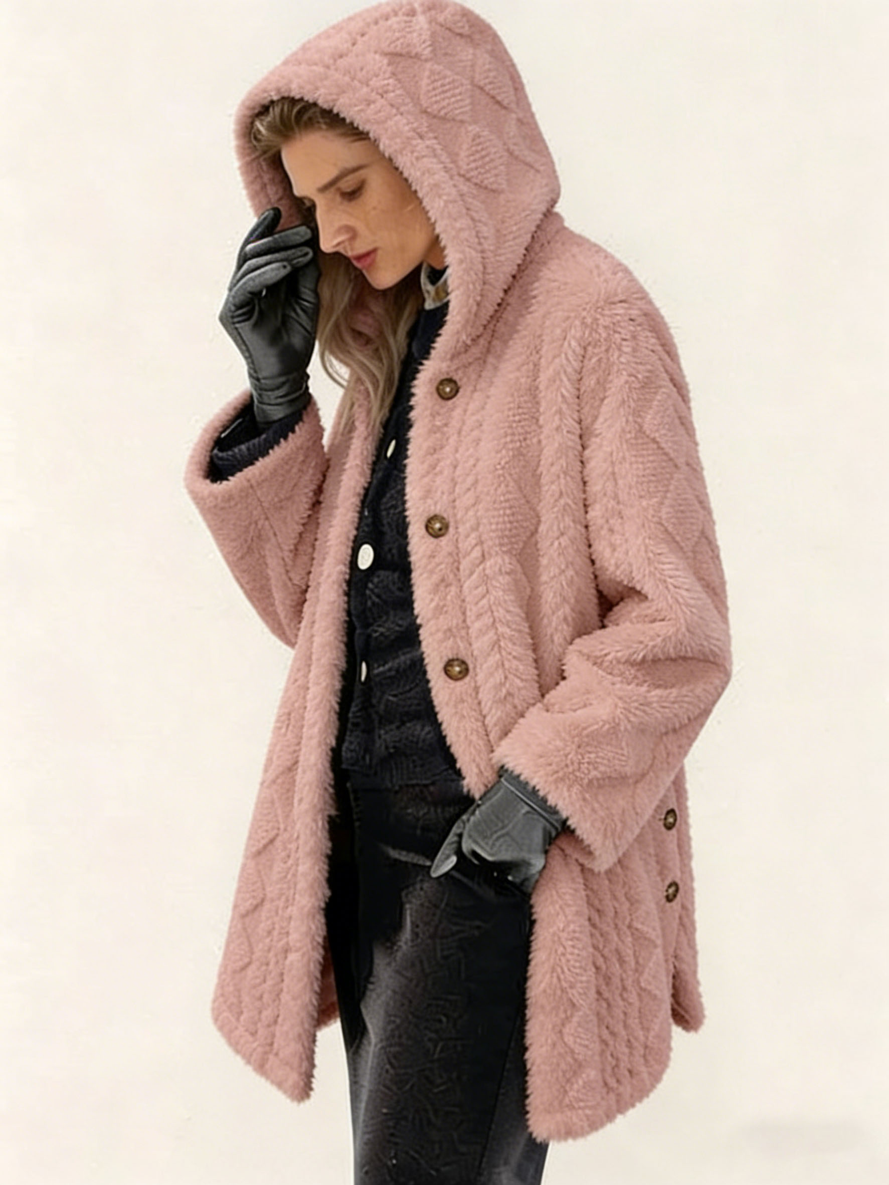 Women's Polyester Faux Fur Hooded Coat - Quilted Warm Winter Jacket, Casual Elegant Outerwear with Metal Buttons (Multiple Colors)