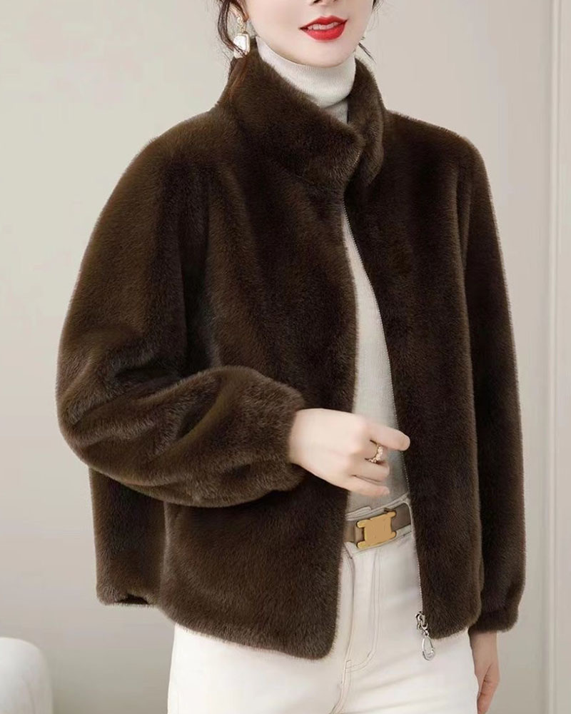 Women's Polyester Faux Fur Zip-Up Jacket - Soft Fluffy Stand-Collar Coat, Casual Elegant Short Winter Outerwear (Multiple Colors)