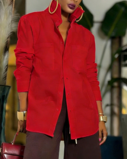 Women's Oversized  Button-Down Shirt - Long Sleeve Loose Fit Blouse with Pockets (White/Black/Red/Olive Green)