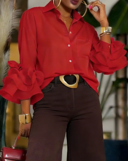 Women's Stand Collar Blouse - Elegant Retro Long Sleeve Shirt with Ruffled Bell Cuffs (Multiple Colors: Black/Red/Green/Pink/Polka Dot White/White)
