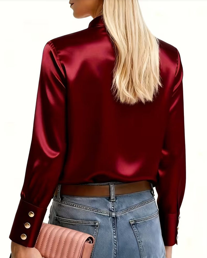 Women's Satin Stand Collar Blouse - Long Sleeve Button-Down Shirt with Metal Accent Buttons (Burgundy/Black/White)