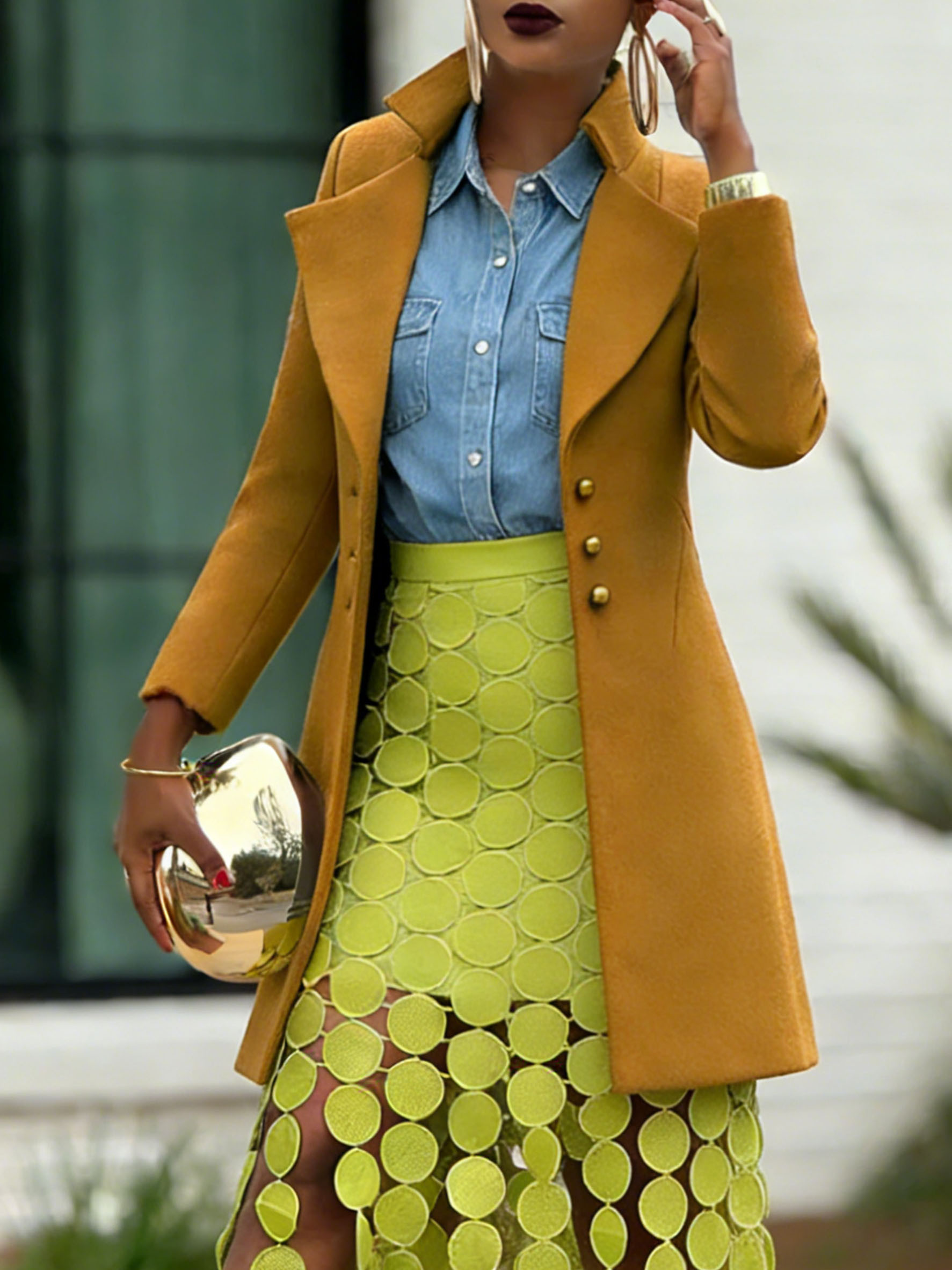 [Copy]Women's Mustard Coat, Elegant Lapel Single-Breasted Mid-Length Overcoat, Vintage European Street Style, Slim-Fit Dressy Outerwear with Button Detail, Flattering Silhouette for FalWinter Fal & shion