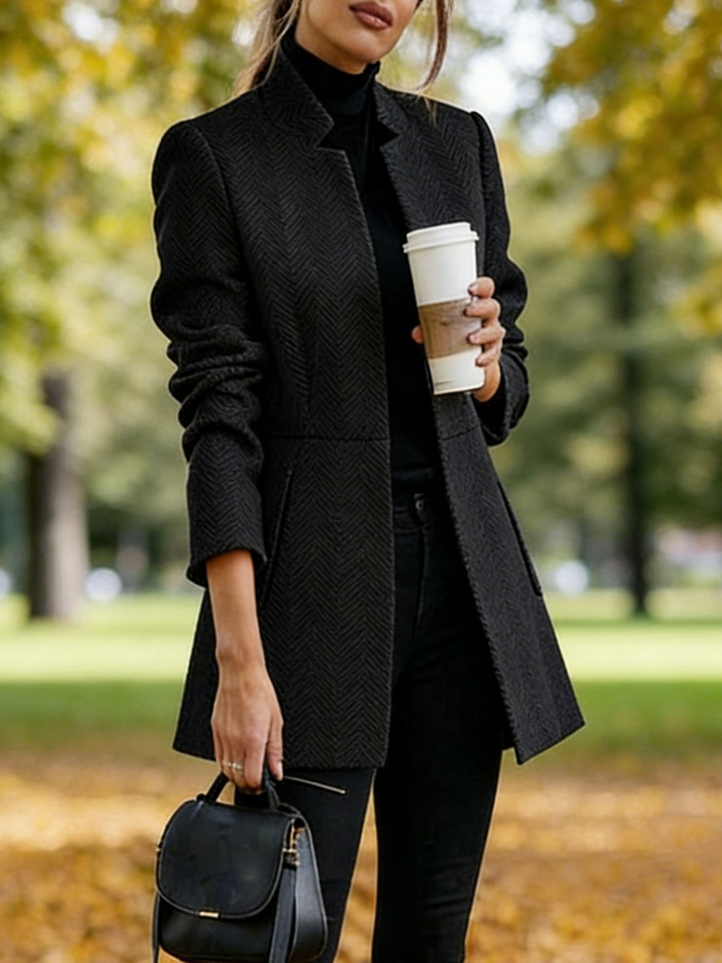 Women Houndstooth Long Sleeve Blazer Warm Office Neck Jacket With Pock