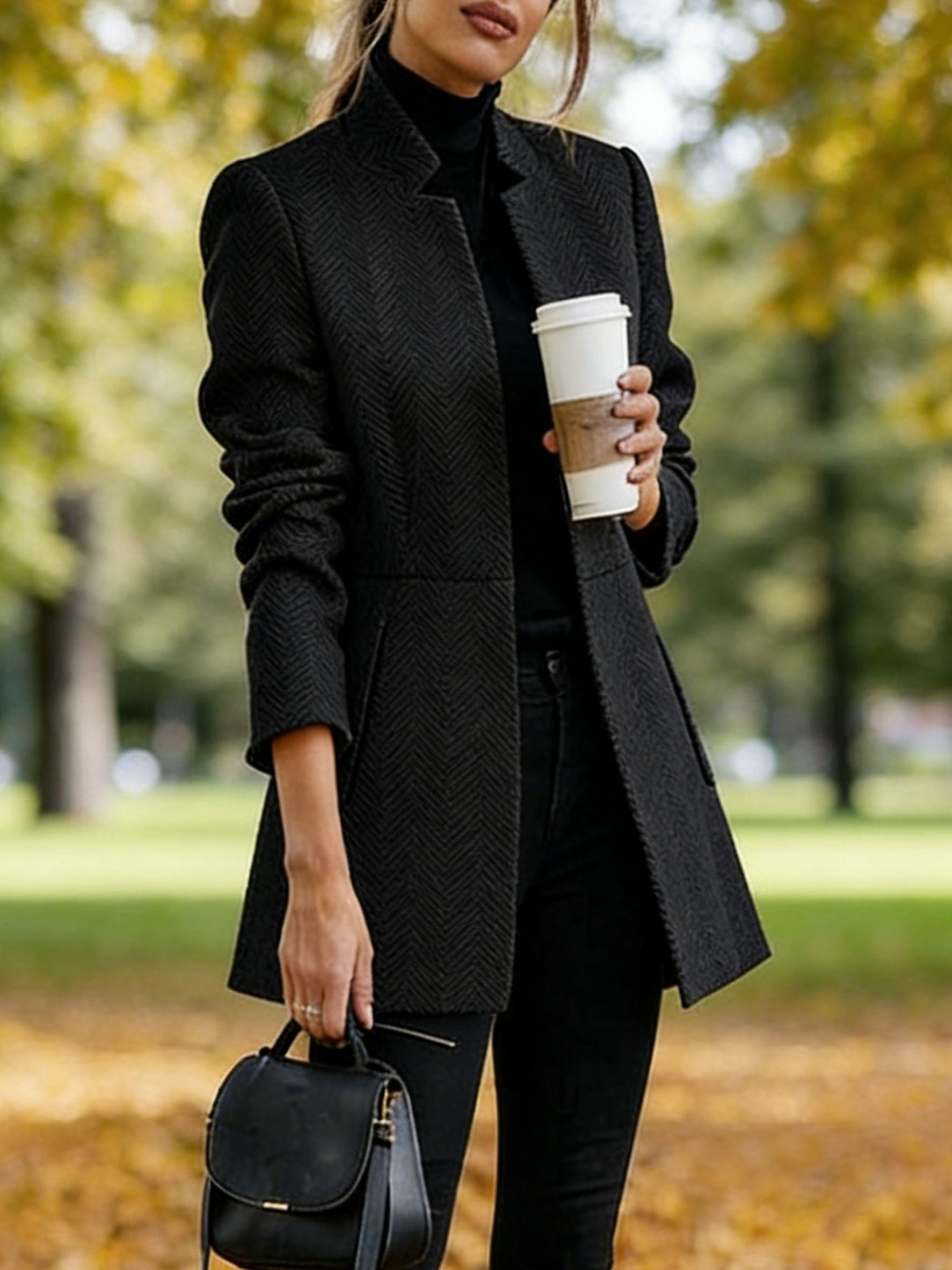 Women Houndstooth Long Sleeve Blazer Warm Office Neck Jacket With Pock