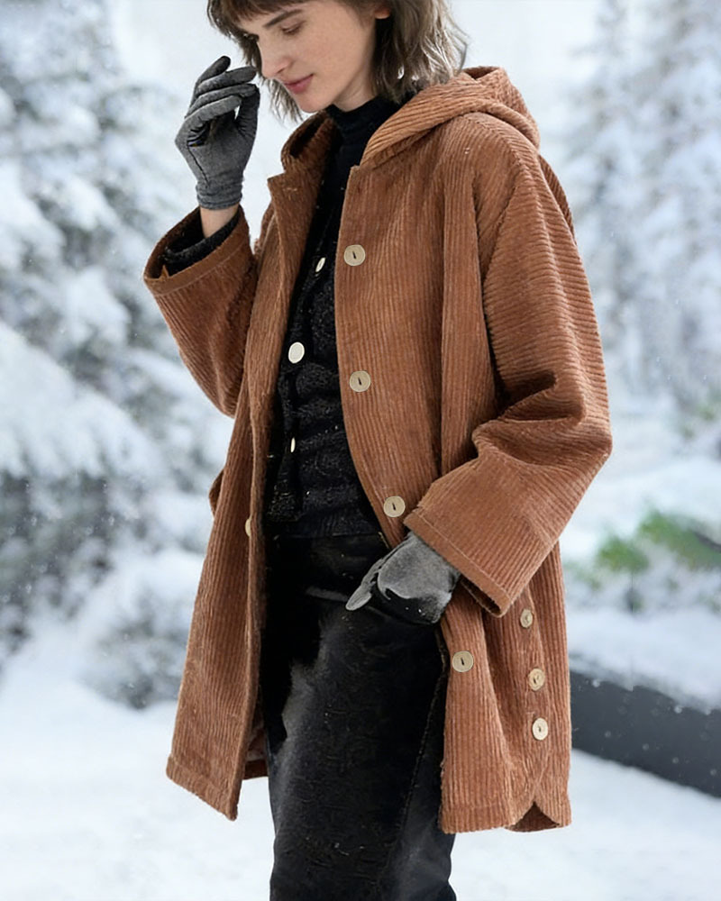 Women's Autumn Winter Short Sleeve Hooded Loose Corduroy Coat - Casual Versatile (Burgundy/Black/White/Green/Light Brown/Gray/Navy Blue)