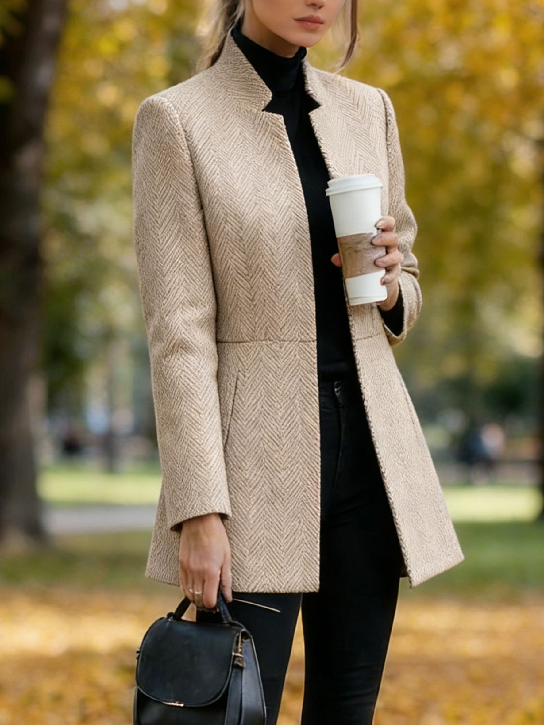 Women Houndstooth Long Sleeve Blazer Warm Office Neck Jacket With Pockets Open Front Cardigans